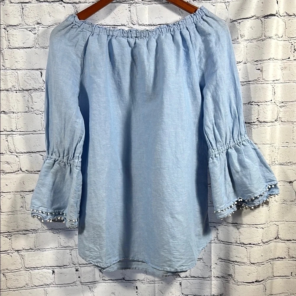 Talbots Blue Smocked Bell Sleeve Blouse with Relaxed Fit - Picture 3 of 6